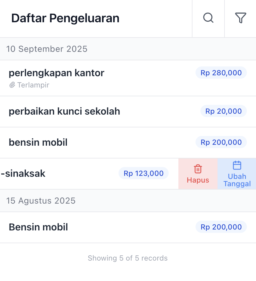 Mobile interface showing list view